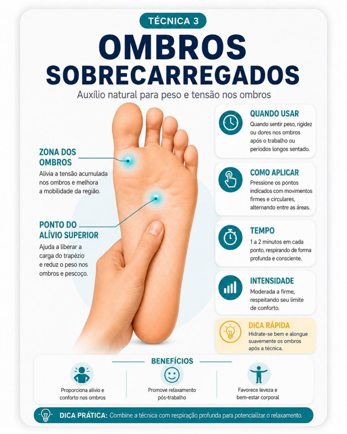 Página da técnica de Ombros Sobrecarregados do guia de Reflexologia Podal
