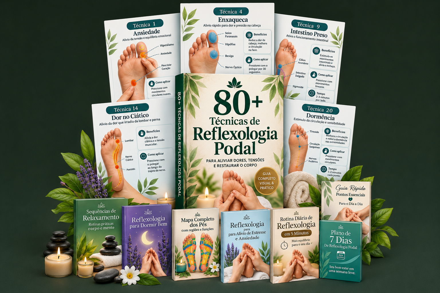 Kit completo de Reflexologia Podal com guia principal, mapas dos pés e ebooks bônus